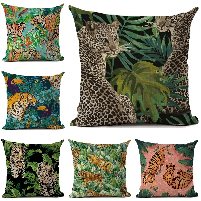 

Tropical Jungle Tiger Leopard Floral Cushion Case Hot Sale Flowers Green Leaves Sofa Throw Pillows Home Decoration Cushion Cover