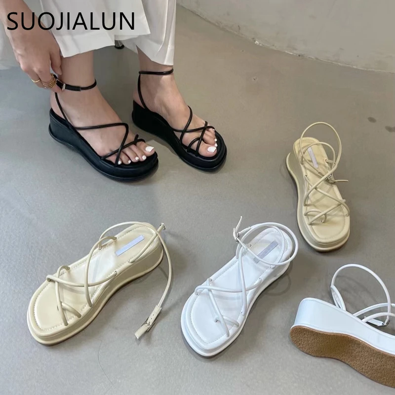 

SUOJIALUN 2021 Summer New Women Sandal Shoes High Wedges Heel Ladies Platform Shoes Fashion Narrow Band Casual Dress Sandals