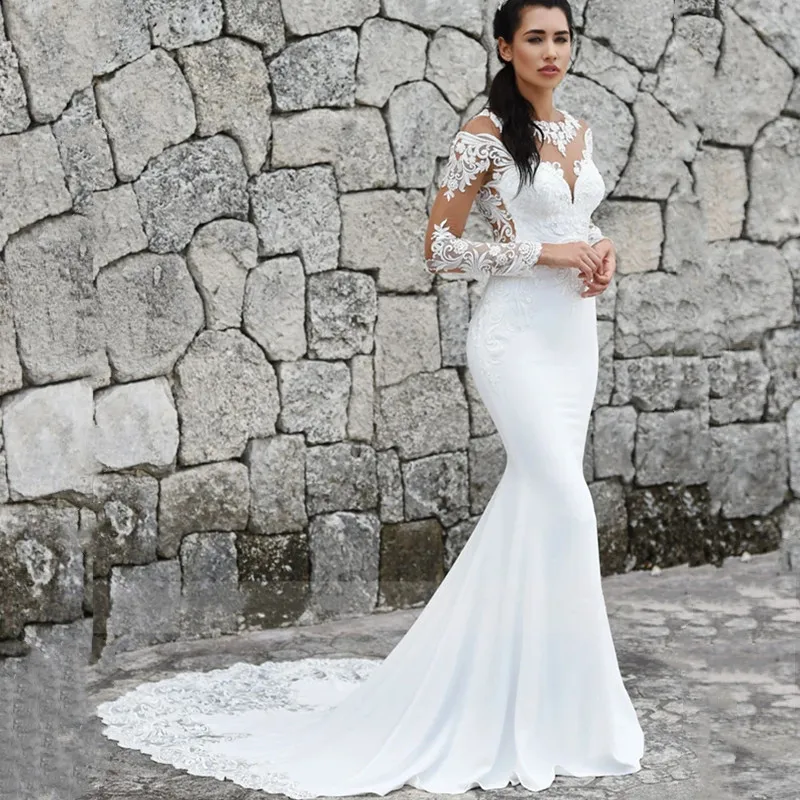 

Elegant Scoop Mermaid Wedding Dresses Long Sleeves Illusion Back Buttons Lace Applique Satin Sweep Train Vestido De Noiva 2021