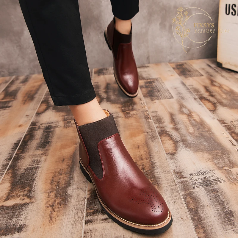 

Осенние мужские ботинки челси FIXSYS, кожаные уличные мотоциклетные ботинки, модные броги, мужские Ботинки Martin с высоким берцем, ботинки в римс...