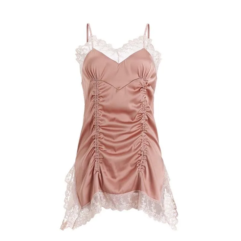 

QWEEK Silk Nightgown Sexy Dress Women Summer 2021 Sundresses Femme Lace Sleepwear Mini Skirts Nightwear V Neck Nighty for Ladies