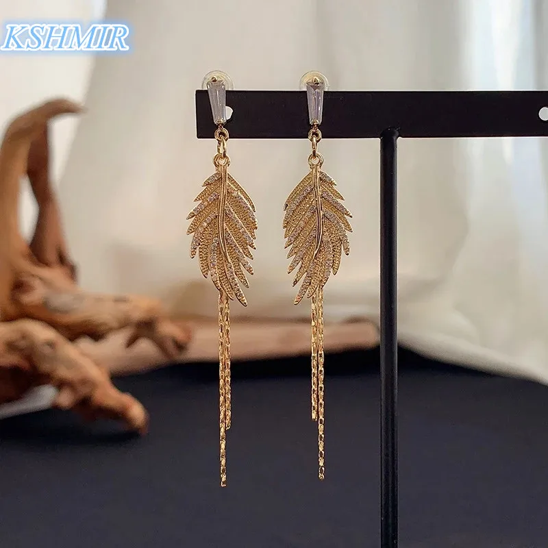 

kshmir Luxurious Geometry Banana Leaves Shiny Earrings Cute Exquisite Long Tassel Eardrop Gorgeou Zircon Hypoallergenic Jewelry
