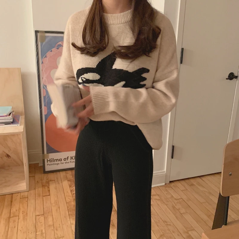 

Korean Dolphin Jacquard Women Sweaters Tops 2020 Autumn Winter Long Sleeve O-neck Funny Fashion Loose Pullovers Jumpers Femme