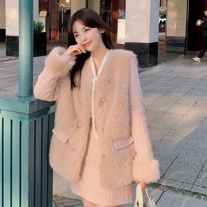 2021 Women Autumn Winter Loose Warm Tweed 2 Piece Set Female Plaid Jacket + Mini Pencil Wool Skirt Suits Lady Elegant |