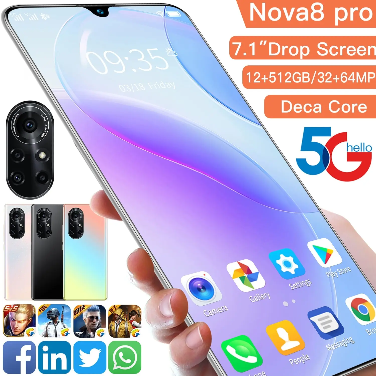 

Nova8 Pro 6800mah 12+512gb Andriod 10.0 Fingerprint Id Smart Phone 7.1 Inch Deca Core 1440*3440 5g Smart Phone