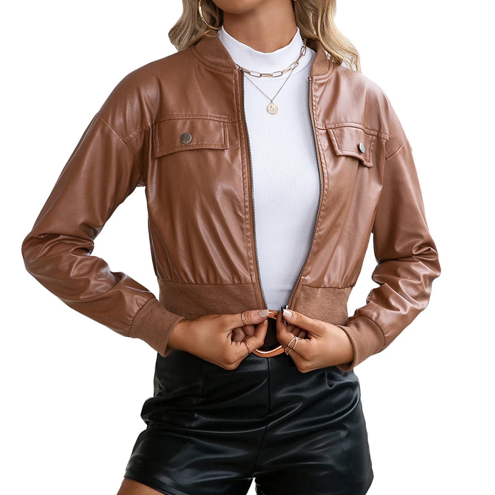 

Hirigin 2021 Fashion Solid Color Short Style Leather Coat Streetwear Women\u2019s Casual Long Sleeve Zipper Cardigan