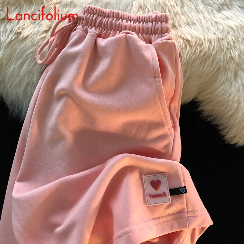 Pink Love Collage Short Cargo Sweatpants Summer Women Baggy High Elastic Waist Preppy Korean Vintage Half Workout Shorts 2021