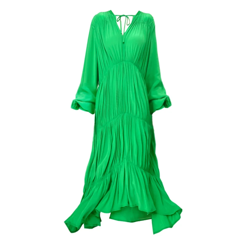 

TWOTWINSTYLE Green Casual Fold Pleated Dress Female V Neck Lantern Long Sleeve High Waist Irregular Hem Midi Women's Dresses New