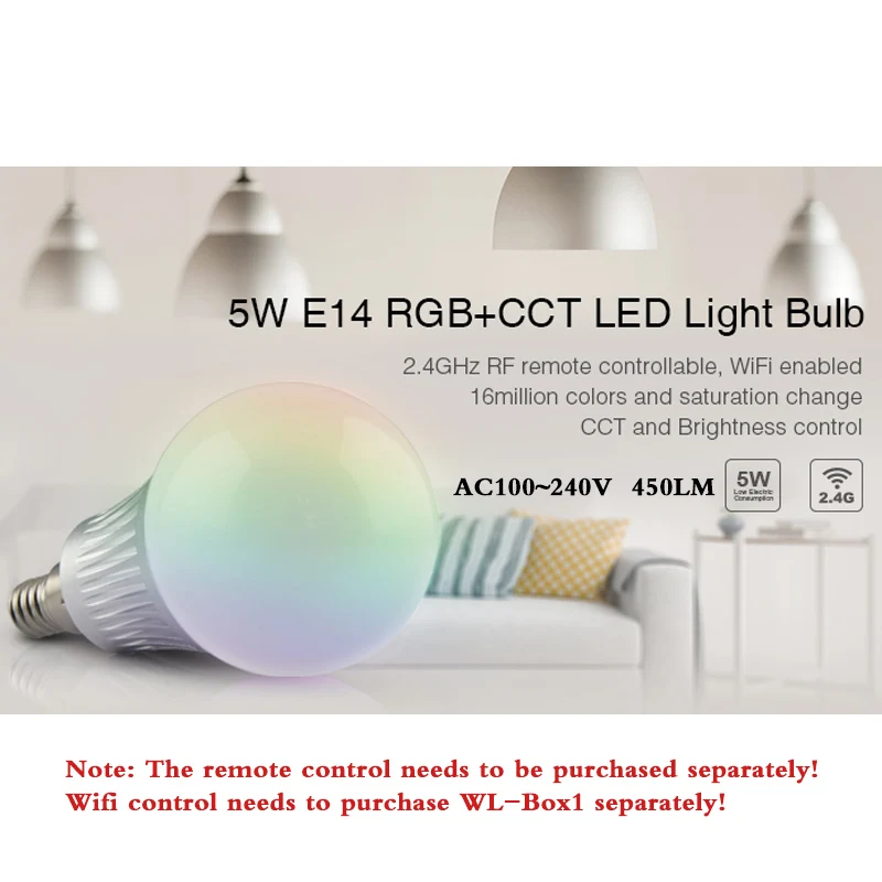 Smart 5W E14 RGB + CCT LED Light Bulb Dimmable Indoor Light 450LM AC110V 220V Compatible with 2.4G Wireless RF Wifi APP Control