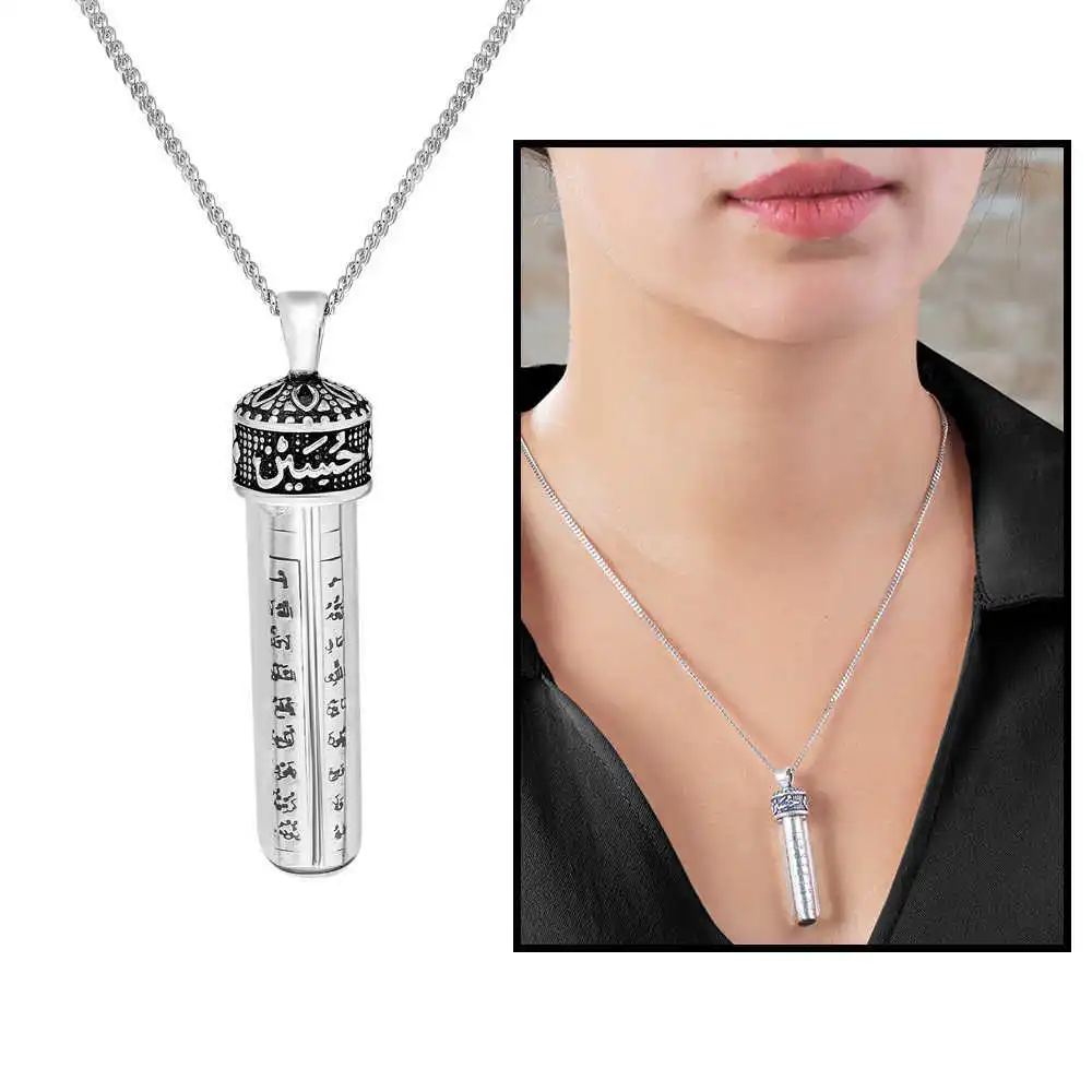 

Zamzam Stuffed With Arabic "hasan-hüseyin" Written 925 Sterling Silver Cevşen Necklace