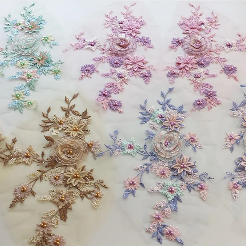 2 шт трехмерная Цветочная вышивка с пайетками Бисером кружевная часть ручной