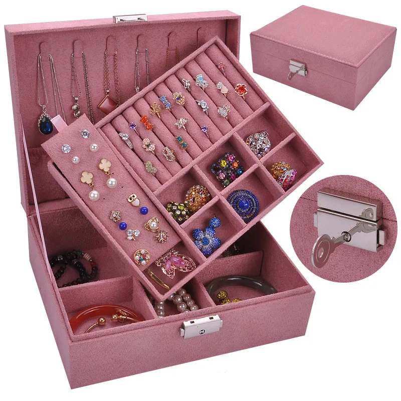 

High Grade Retro Leather New Korean Velvet Cosmetic Bag Creative Simple Double Layers Jewelry Bag Multi-function Jewel Casket