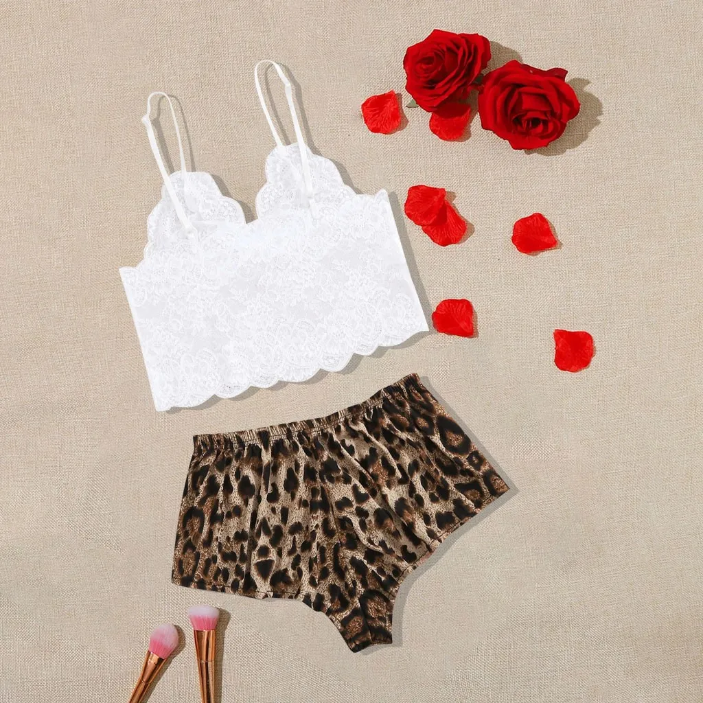 Пикантная Милая Кружевная пижама для девочек с леопардовым принтом женское