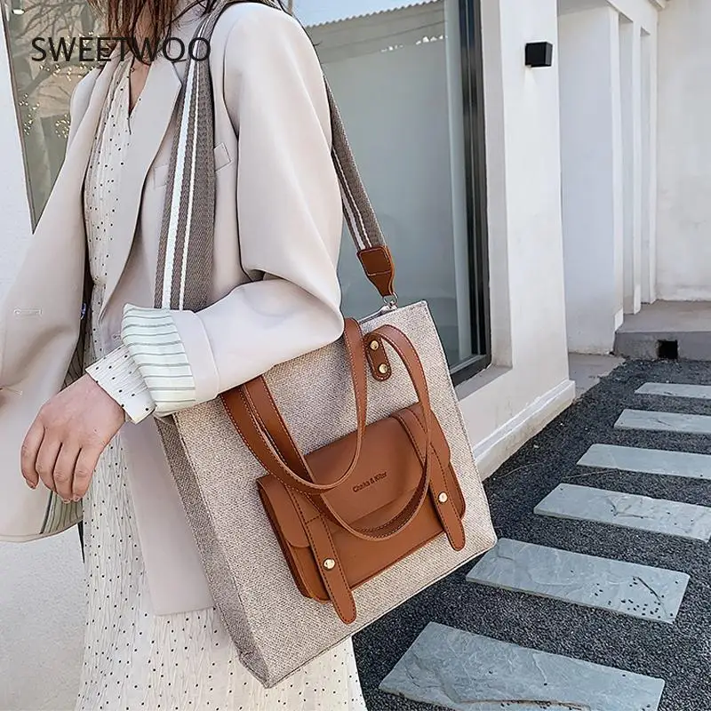 Casual linen large capacity women shoulder bags designer wide strap handbag pu patchwork messenger bag female shopper big tote