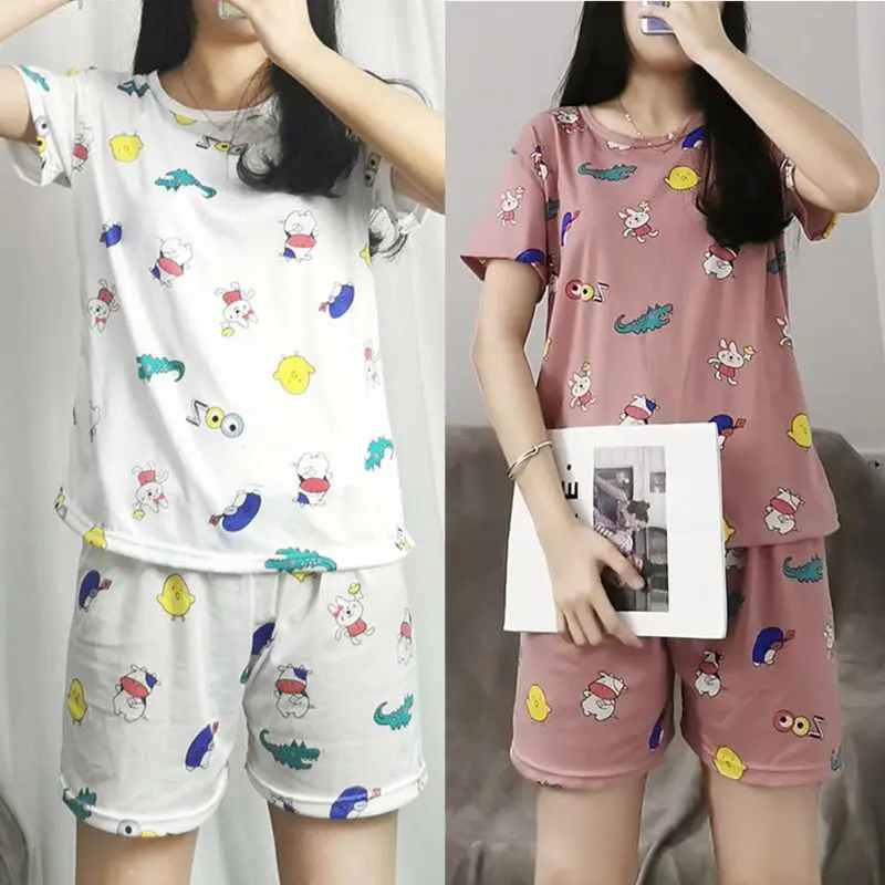 

Women Sweet Girls Summer 2Pcs Pajamas Set Short Sleeve Cartoon Crocolile Print Sleepwear O-Neck Loose Loungewear M-2XL