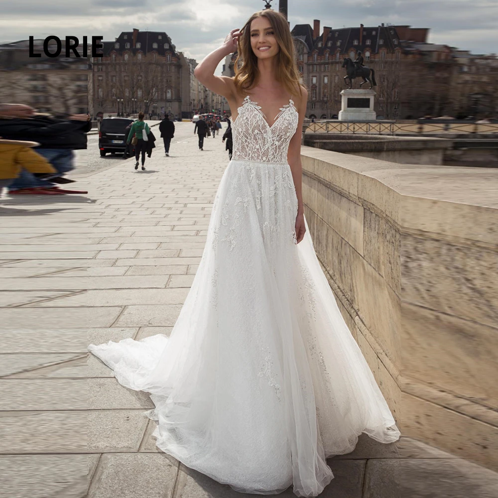 LORIE свадебное платье на тонких бретельках богемное с кружевной аппликацией