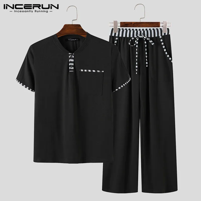 

INCERUN Mens Sets Homewear Short Sleeve V Neck T Shirt Pants Patchwork Workout Bodybuilding Men Suit Summer Casual Pajamas Sets