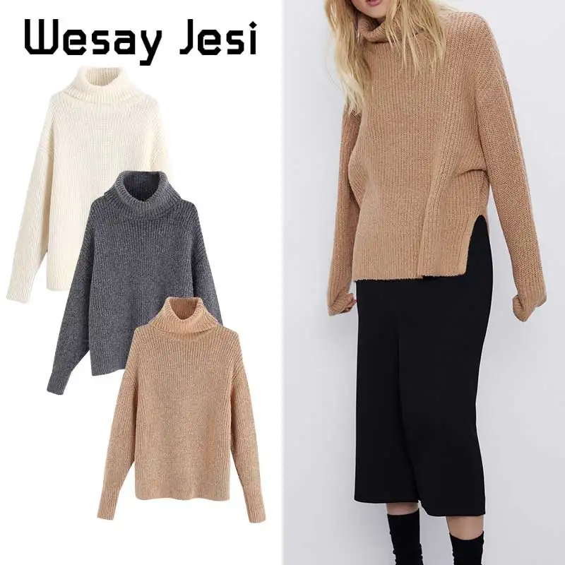 Женский трикотажный свитер с высоким воротником однотонный повседневный