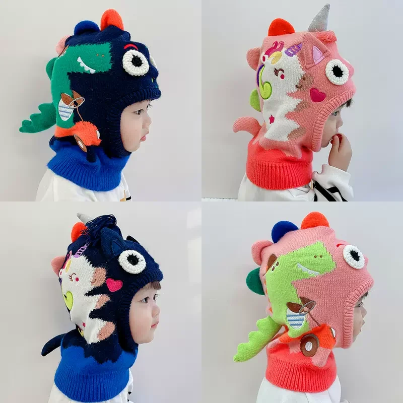 

Cartoon Dinosaur Children Knitted Hat Bib Set Winter Cute Unicorn Color Matching Baby Woolen Hat Korean Version