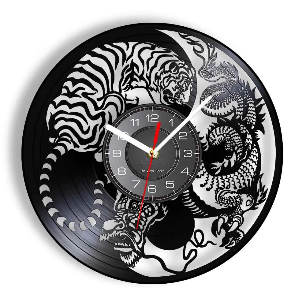 Tiger VS Dragon Vintage Wall Watch Fight Between Wild Animal Forest King & Ancient Loong Luminous Clock Carved Vinyl Record Art