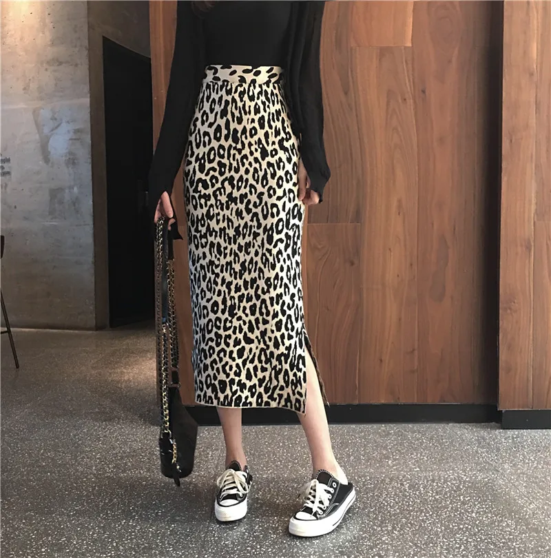 

Leopard print half-length skirt autumn and winter new high-waist slit mid-length skirt female retro slim-fit hip one-step skirt