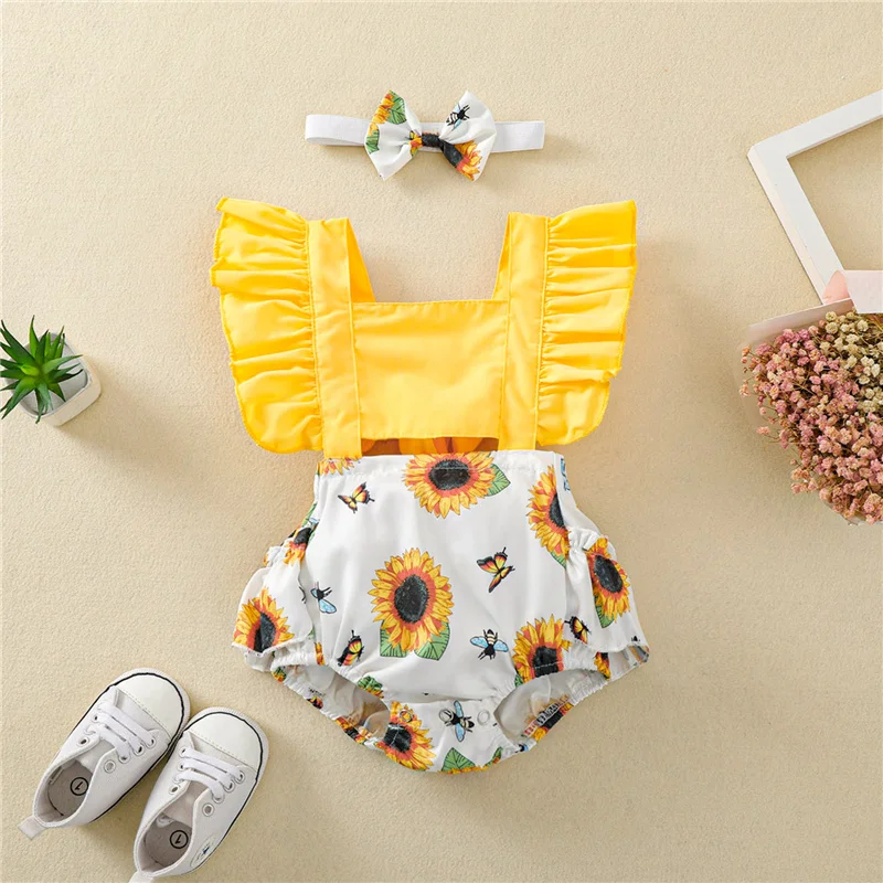 

2Pcs Baby Girls Cotton Clothing Set,Children Kids Girls Summer Sweet Cute Sunflower Print Square Neck Fly Sleeve Romper+Headband