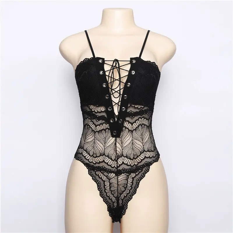 

New Style Women's Strappy Plunge V Neck Bandage Full Lace Cross Bodycon Mesh Sexy Bodysuit Women Top New