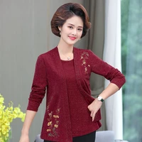 red navy blue coffee flower embroidery 2pcs blouses middle aged women spring autumn long sleeve glitter yarn two pieces top 5xl