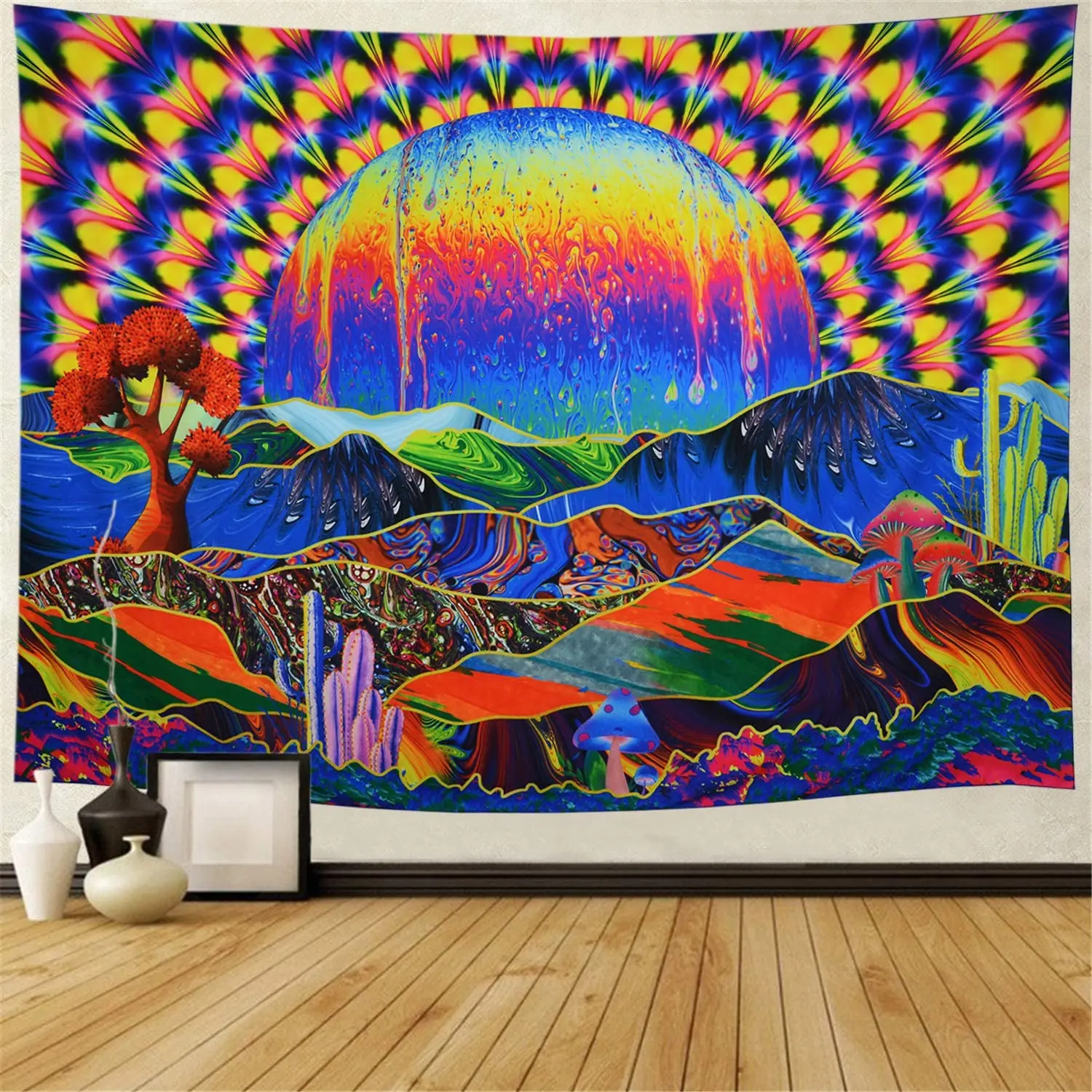 

Planet and Mountains Wall Tapestry Psychedelic Tapestry Mushrooms Cactus Wall Hanging Tapestry Mountian Tree Tapestries