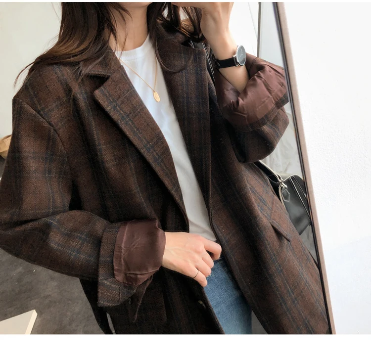 

2020 New Korean Autumn Winter Chic Plaid Short Woolen Coat vintage Wool Jacket Women's Blazers Suits Long Sleeve Outerwear V1139