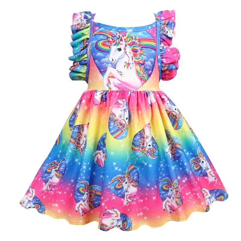 Summer Girls Rainbow Cartoon Unicorn Dress Kids Cosplay Party Princess Dresses Baby Halloween Unicornio For Girl Clothes | Детская