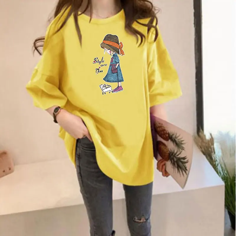 

2021 Summer Loose Women Tops Lazy Style T-Shirts Print Cartoon Ladies Short Sleeve Tees Casual Plus Size Female Pullovers KN186