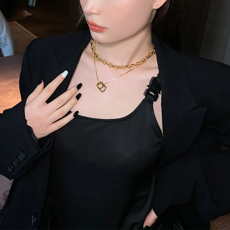 

Brass With Gold Geo OT Chained Necklace Women Jewelry Designer T Show Runway Gown Rare INS Japan Korean Fashion