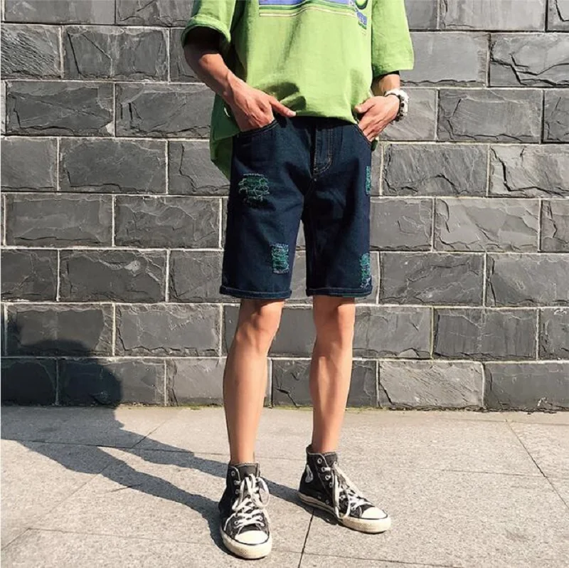 

Summer Quality Fashion Pop Denim Shorts Men Large Size Loose Style Shorts Men Straight Retro Slim Knee Length Denim Shorts