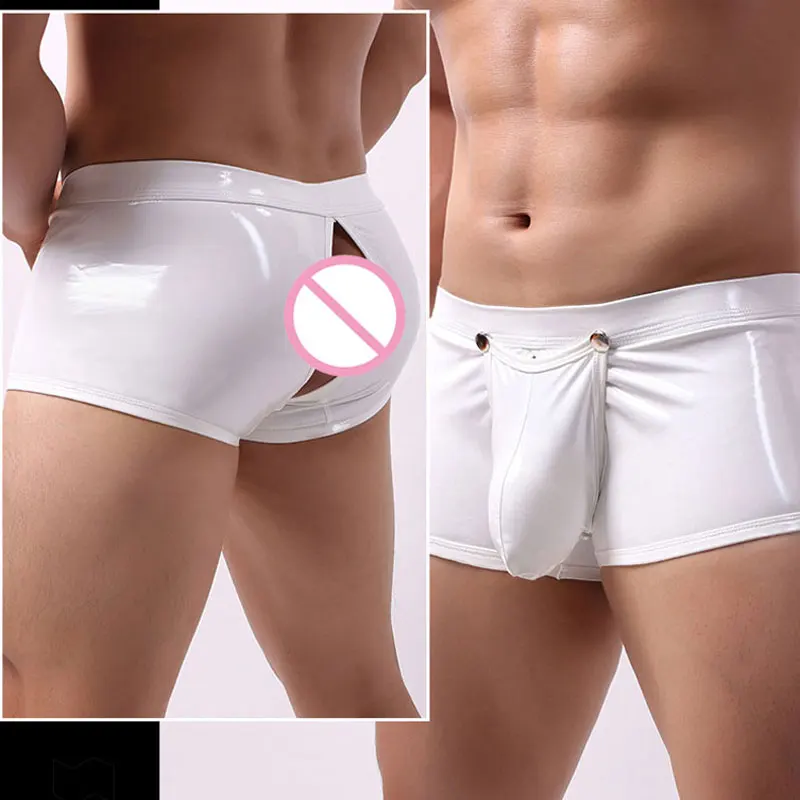 

Sexy Men Plus Size Open Crotch Boxers Faux Leather Stage U Convex Pouch Gay Wear Underwear COCK Ring Jockstrap Erotic lingerie F