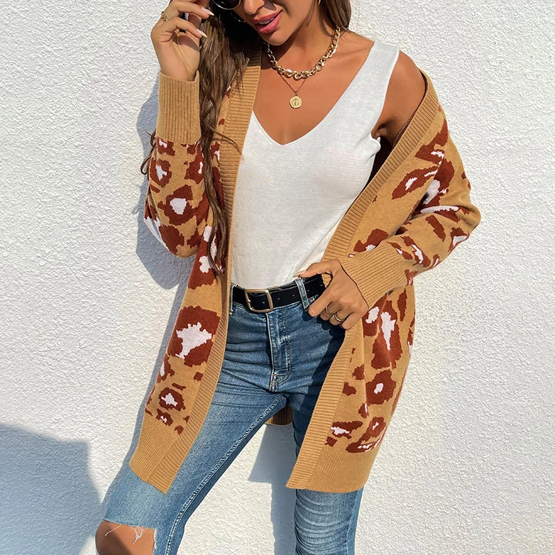 

Women Autumn Sweater Leopard Printed Knitted V Neck Long Sleeve Patchwork Loose Long Open Stitch Casual Fashion Lady Coat OL