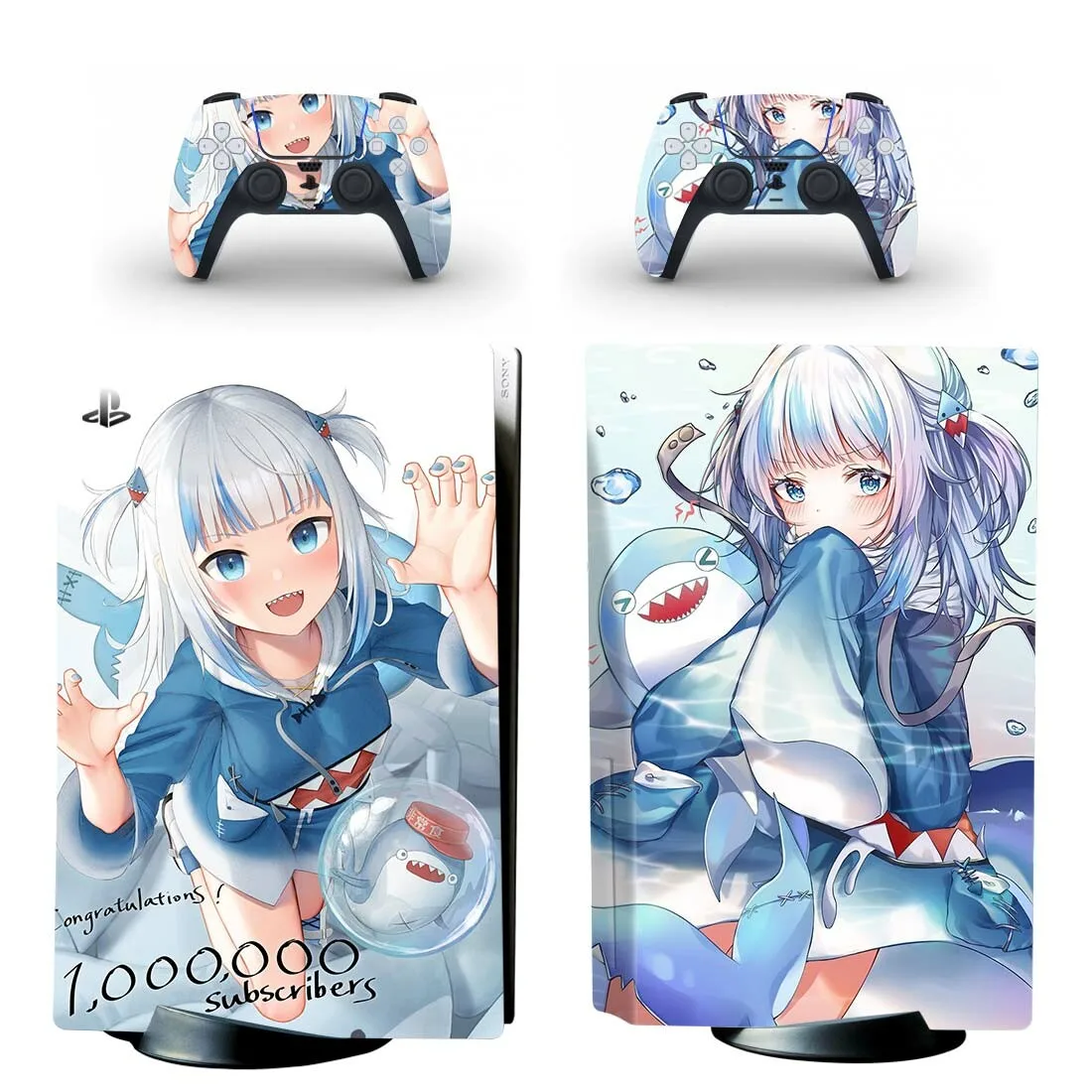 Anime Cuge Girl Gawr Gura PS5 Standard Disc Sticker Decal Cover for PlayStation 5 Console and 2 Controllers PS5 Disk Skin Vinyl