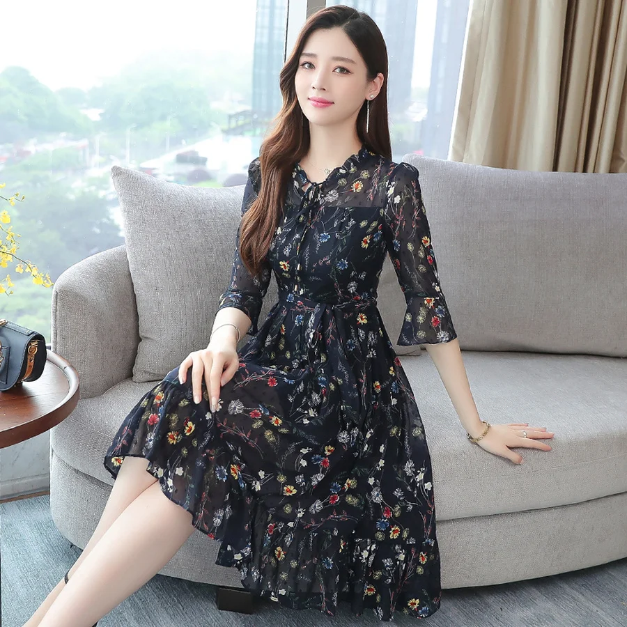 2021 элегантный темно синего цветов с принтом шифоновое платье миди весенне летнее