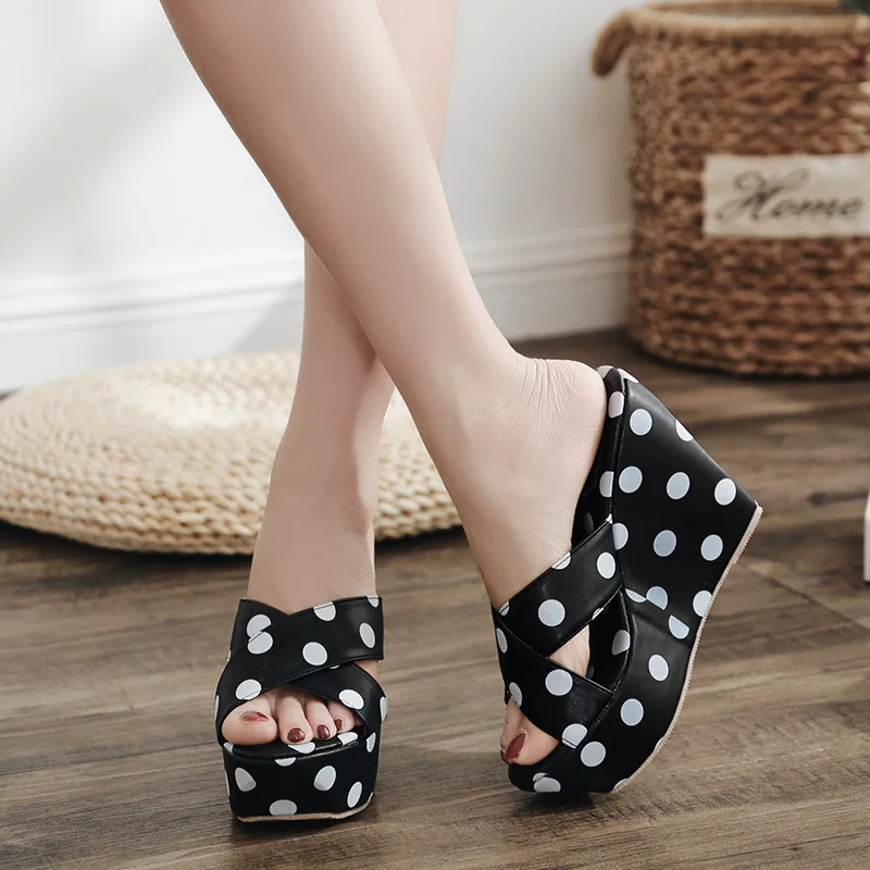 

Polka Dot Peep Toe Outside Women Platform Wedges Slides High Summer Women Shoes Cross-tied Sweet Leisure Slippers PU