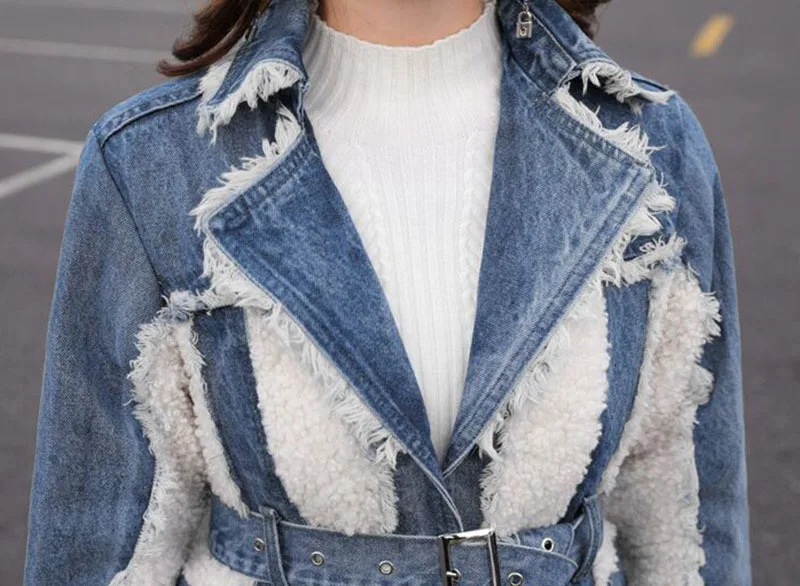 TWOTWINSTYLE Hit Color Patchwork Denim Tassel Trench Coats For Women Lapel Collar High Waist Sashes Windbreakers Autumn New