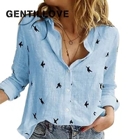 casual long sleeve birds print loose shirts women oversized cotton and linen blouses and tops vintage streetwear tunic tees