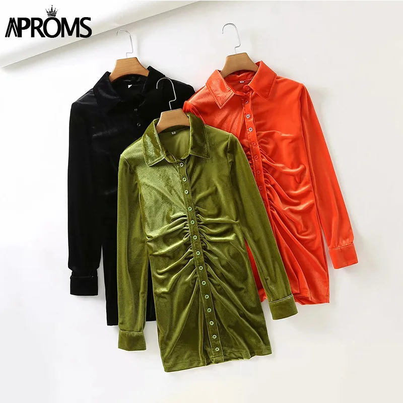 

Aproms Elegant Green Ruched Velvet Shirt Dresses Women 2021 Spring Turn-down Collar Long Sleeve Bodycon Dress Female Vestidos