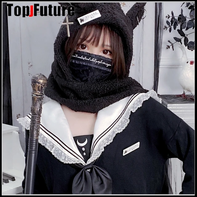 Japanese Harajuku Y2K Girls Long Rabbit Ear Hat Gothic Black