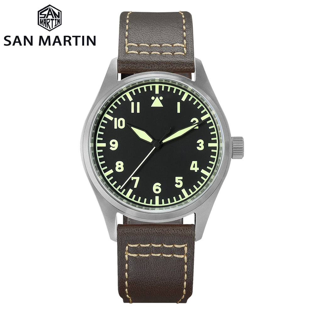 San Martin Pilot Titanium Vintage Military Automatic Mechanical Men Watch NH35 Leather Strap Waterproof Luminous Watches for Men