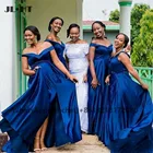 2021 темно-синее платье подружки невесты с открытыми плечами, Черное женское шелковое атласное платье с короткими рукавами и разрезом спереди для свадебной вечеринки, платье подружки невесты