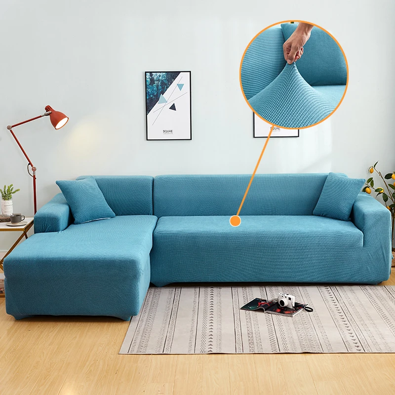 

Lake Blue Plush Sofa Covers for Living Room Elastic Stretch L Shape Sofa Slipcover Skin-friendly Couch Towel 1/2/3/4-Seat