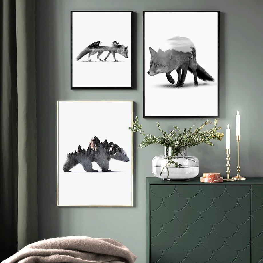 Черно белая лиса белый медведь джунгли настенная живопись на холсте