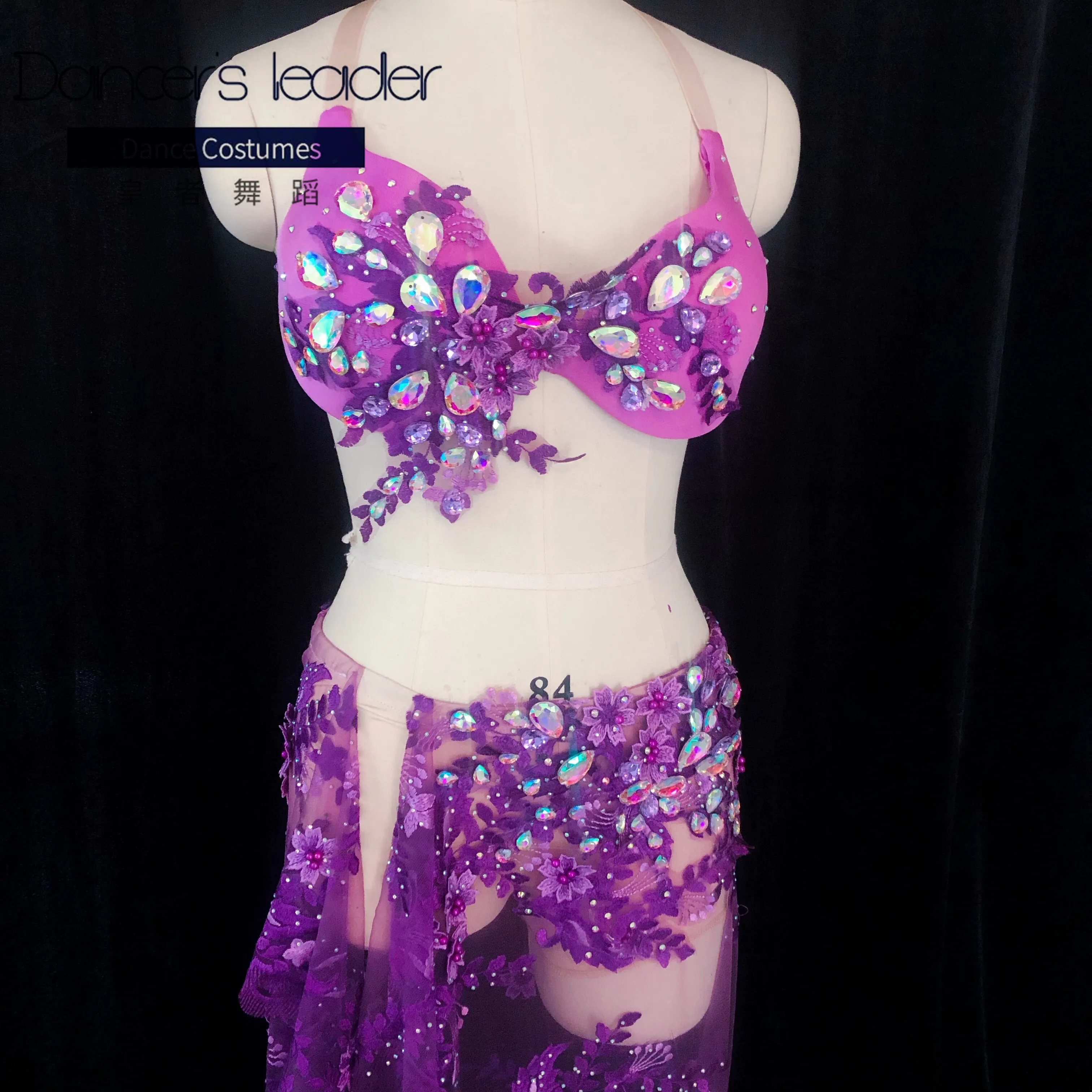 

High-end Custom Belly Dance Suit Diamond Bra Lace Long Skirt Female Adult Elegant Stage Professional Competition Costume