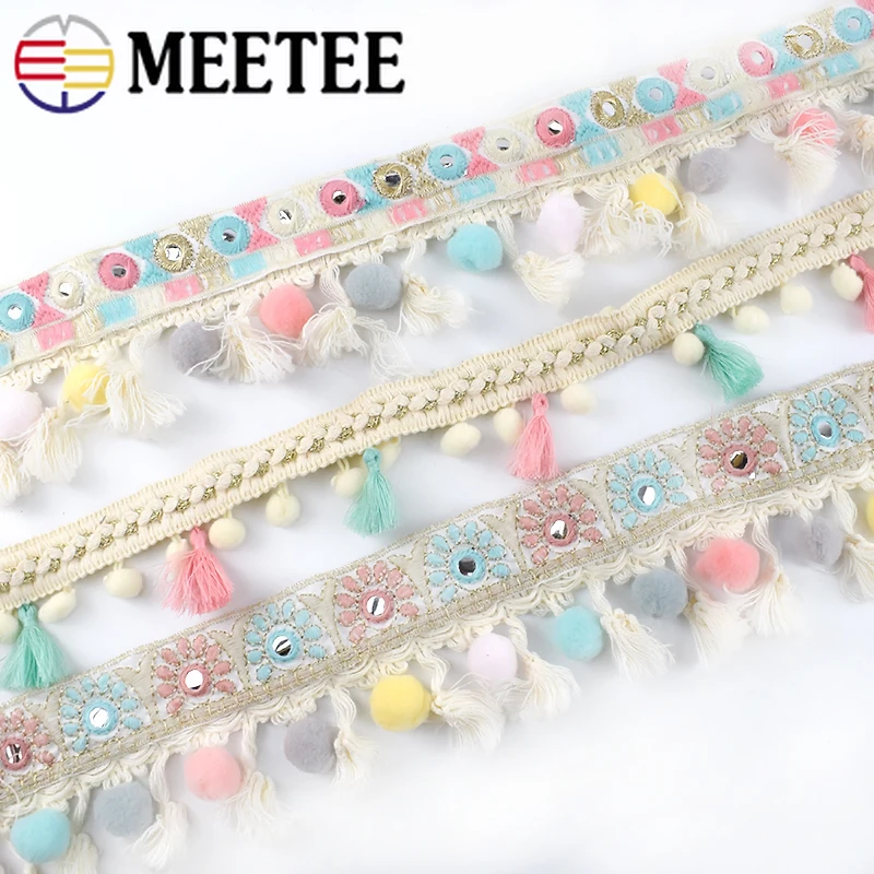 3 м Meetee вышитый жаккардовый кружевной ленты хлопок кисточкой помпон отделка DIY