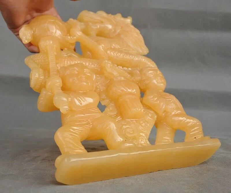 

wedding decoration 12" China Natural yellow jade Carving Boy Tongzi Dragon dance Loong statue